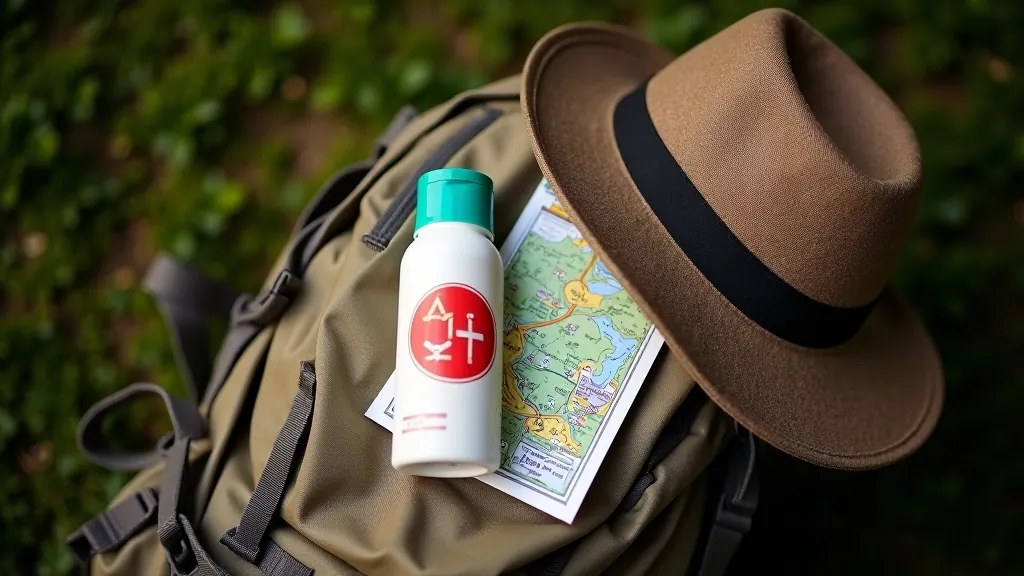 First aid kit supplies, sunscreen bottle, and hat arranged on a hiking backpack with map
