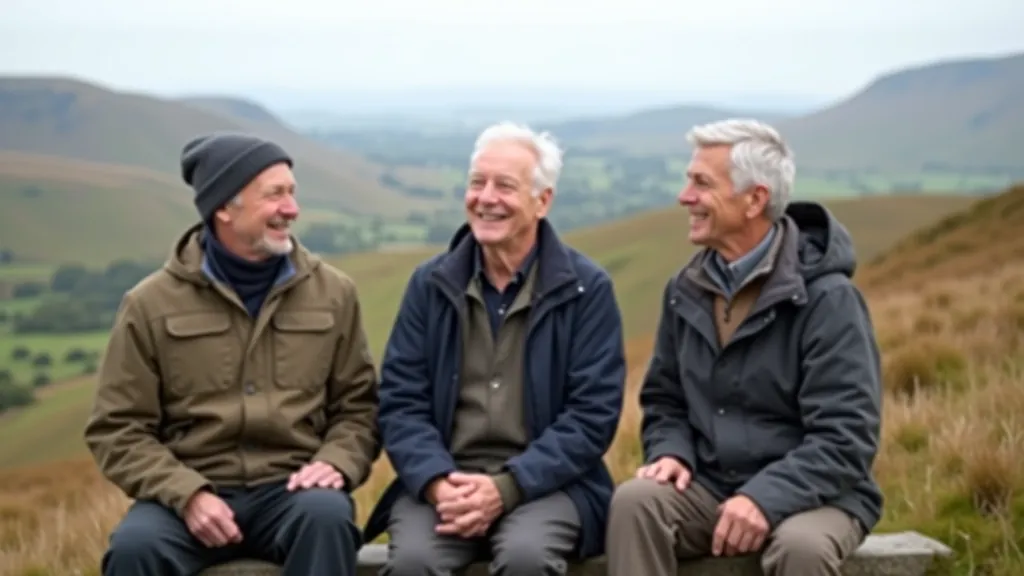 Group of older hikers sitting together at a scenic overlook, sharing refreshments and conversation