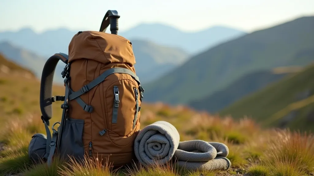 Hiking backpack with gear including trekking poles, a towel, and comfort items organized inside