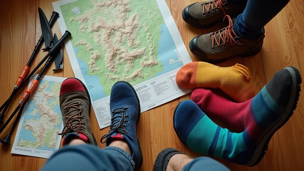 Hiking boots and colorful socks on trail, outdoor gear
