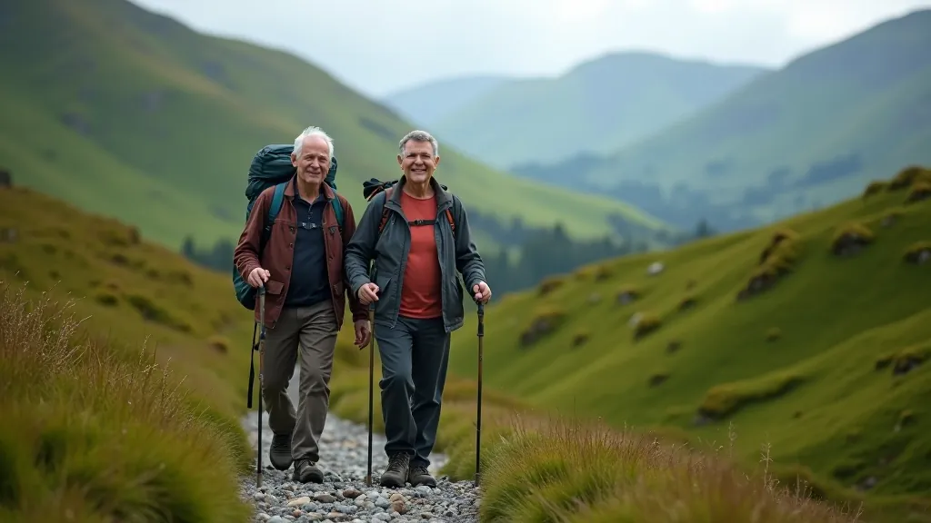 Senior couple hiking on mountain trail with Connemara landscape in background