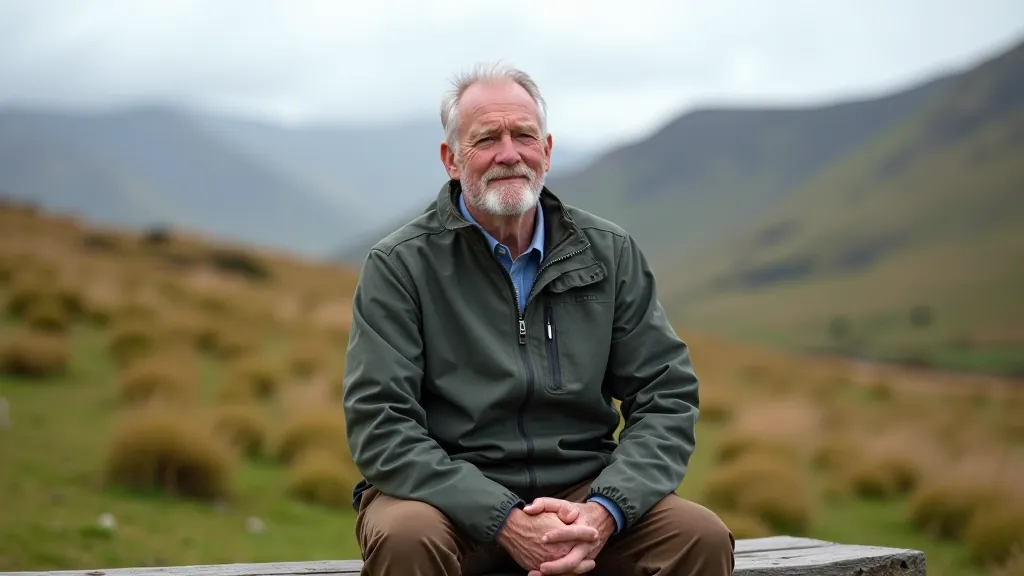 Senior man resting on hiking trail, sitting on bench with landscape view